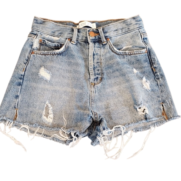 Zara 1975 Womens Bohemian Festival Button Fly High Rise Denim Jean Shorts Sz 2 - Picture 1 of 10